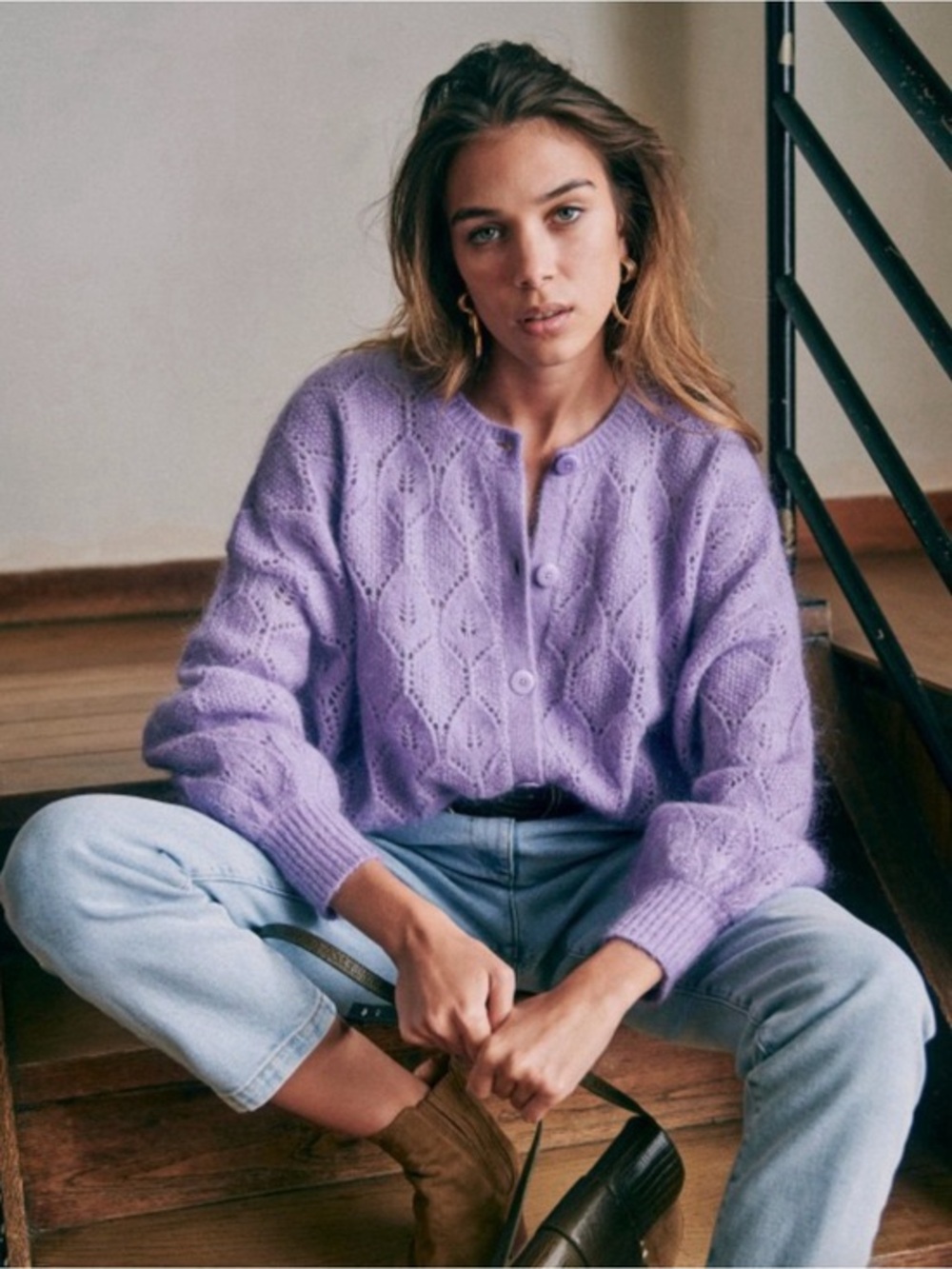 Sezane Sz M Phoebe Lilac Pointelle Wool Kid Mohair Knit Cardigan Sweater